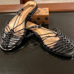 NWOT Joie sandals, black, with straps/cords, flat, buckle, 38.5 (U.S. size 8-9)